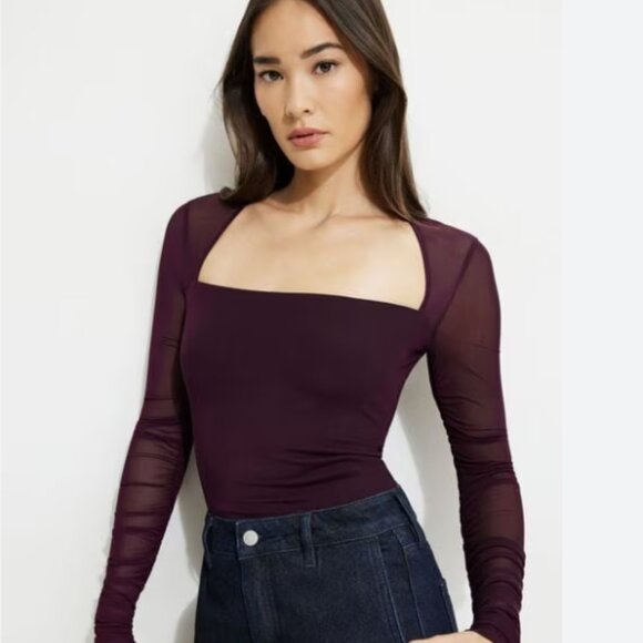 Dynamite Burgundy Mesh Sleeve Top - Picture 1 of 5